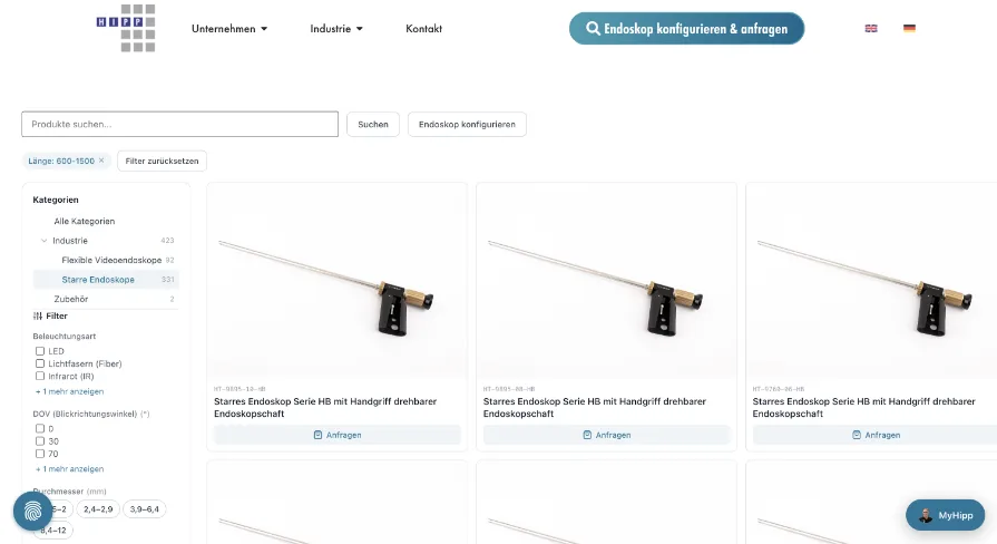 Endoskop-Finder von Hipp Endoskopie Service – Ergebnis im Produktkatalog