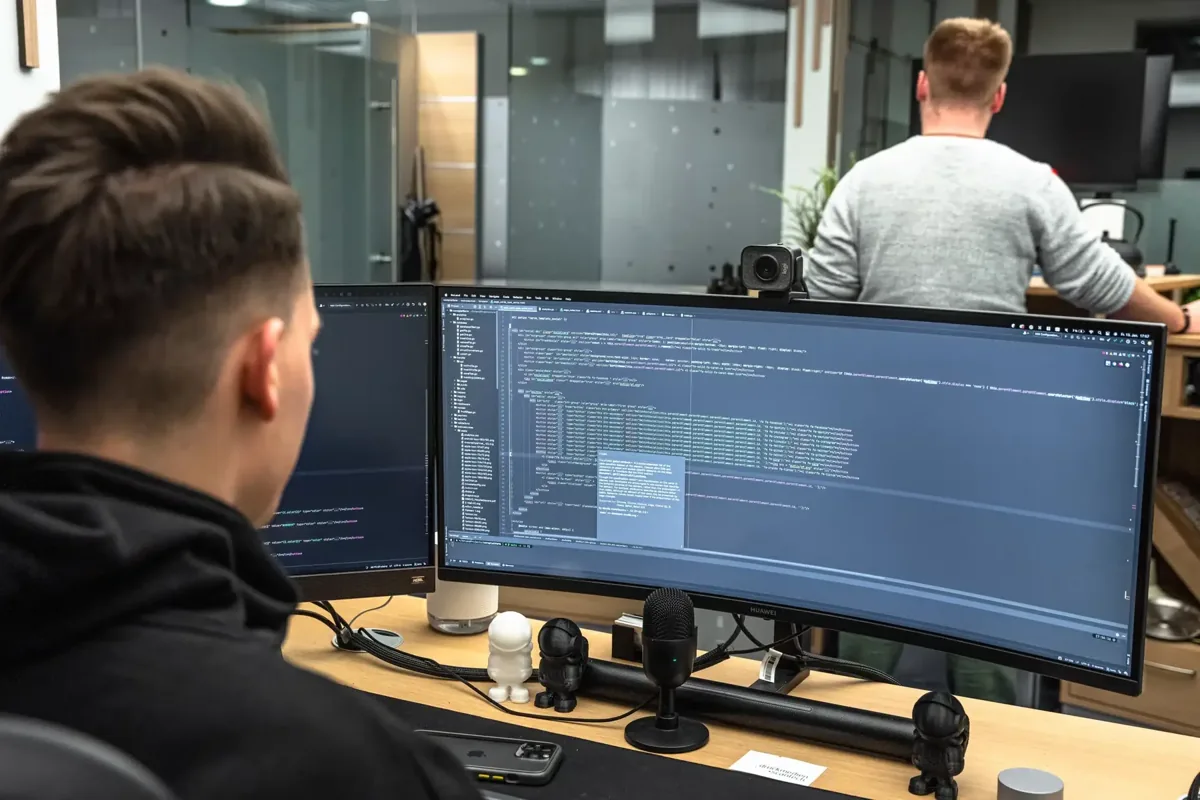 Cateon-Entwickler am Ultrawide-Monitor mit Code – technologisch führend